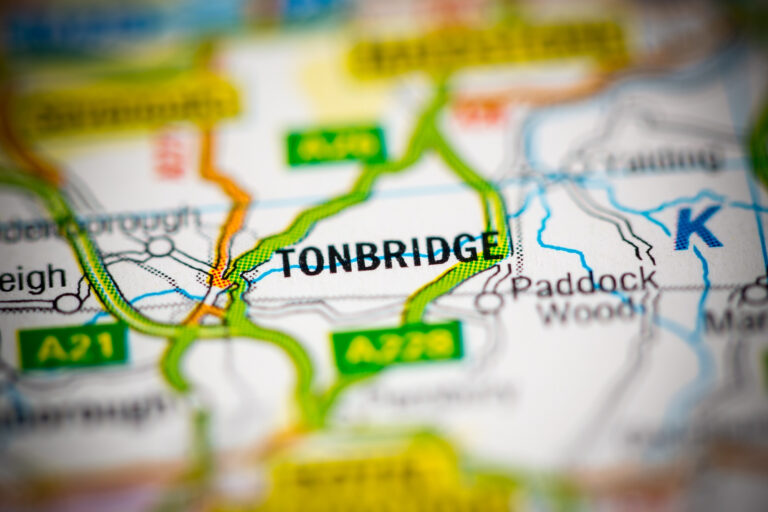 a map with a pin pointing to the location tonbridge