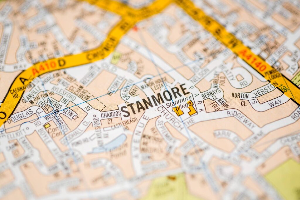 a map with a yellow line on it