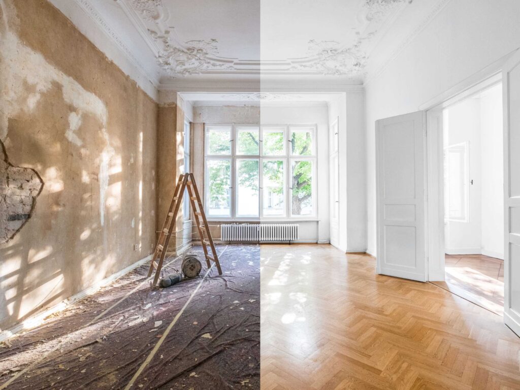 a room with a large wall and a large window