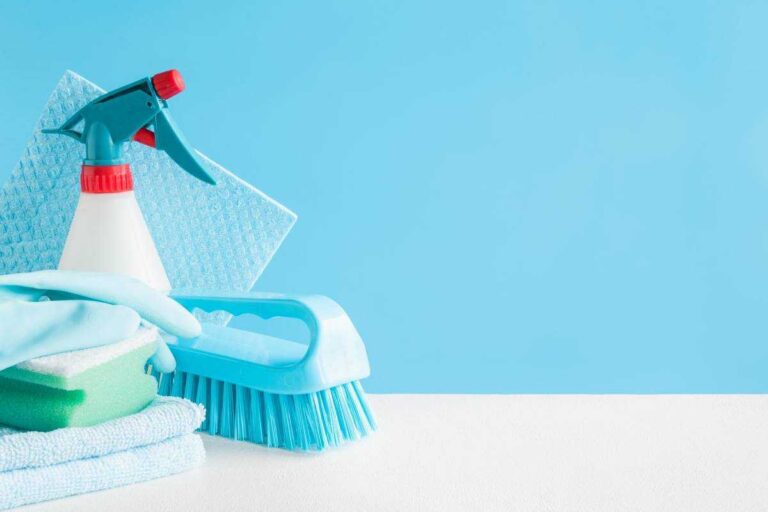 a blue cleaning brush and a white dishcloth
