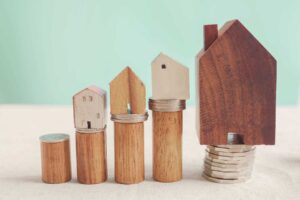 wooden houses and coins