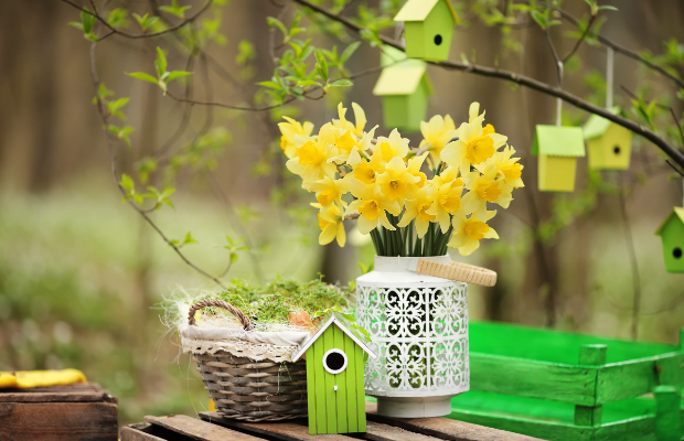 a basket of flowers and a bird house