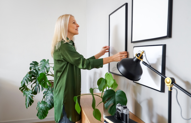 a woman is putting a plant in a pot