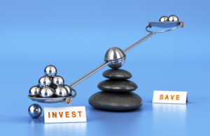 Seesaw balancing 'invest' and 'save' signs, symbolising financial choices.