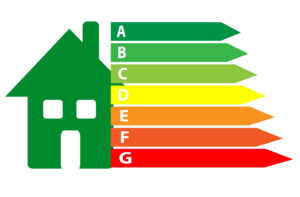 a house with a green roof and a rainbow colored arrow