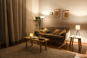 a living room with a couch and a table