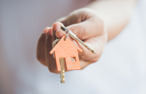 a person holding a house shaped key