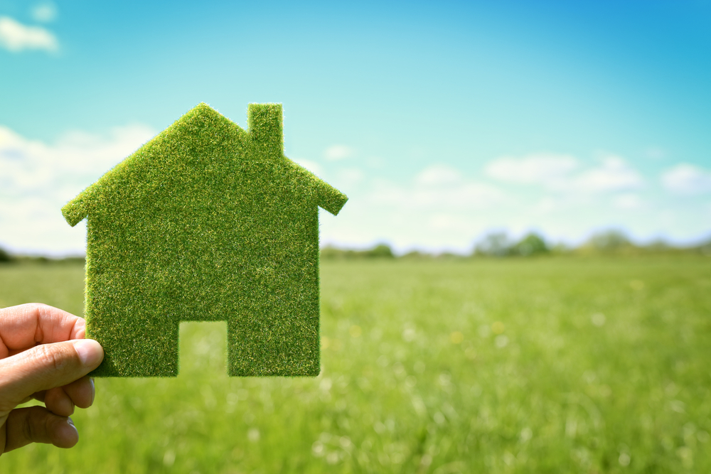 a person holding a green house in their hand