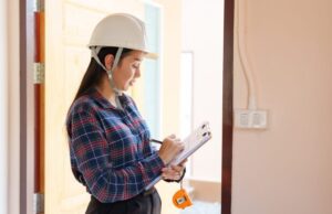 a woman in a hard hat and overalls stands in a room with a laptop