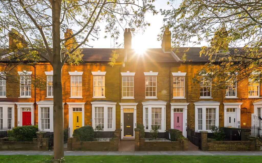 London terraced houses with colorful front doors at sunset – autumn property market and moving before Christmas