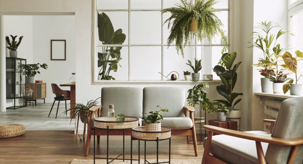 Bright and stylish living room with mid-century furniture and indoor plants, reflecting Ellis & Co’s autumn 2025 property market insights for homeowners preparing to sell.