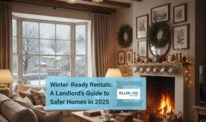 Cozy winter living room with fireplace and snow outside, representing a landlord’s guide to winter-ready rental homes and property maintenance tips for safer rentals in 2025 by Ellis & Co.