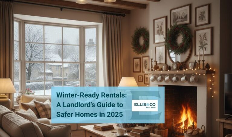 Cozy winter living room with fireplace and snow outside, representing a landlord’s guide to winter-ready rental homes and property maintenance tips for safer rentals in 2025 by Ellis & Co.