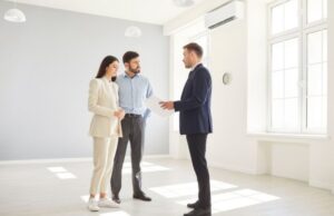 Three people discussing in an empty room.