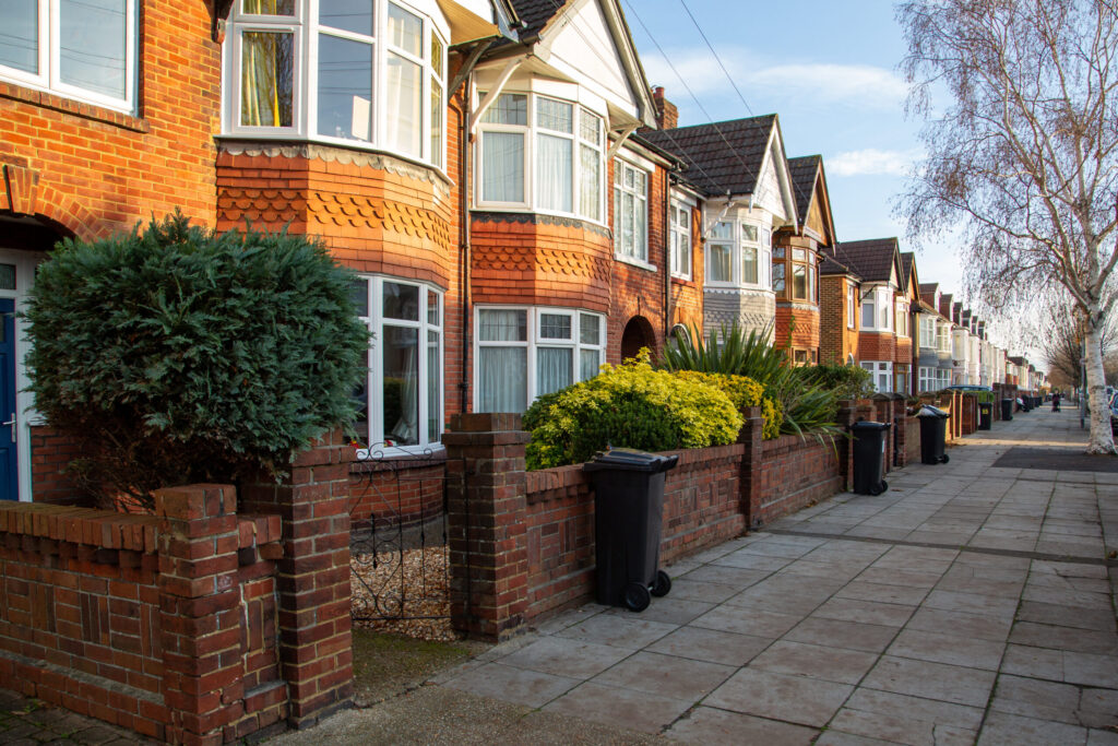 Row of Victorian and Edwardian terraced houses with bay windows in Quarry Hill Tonbridge conservation area