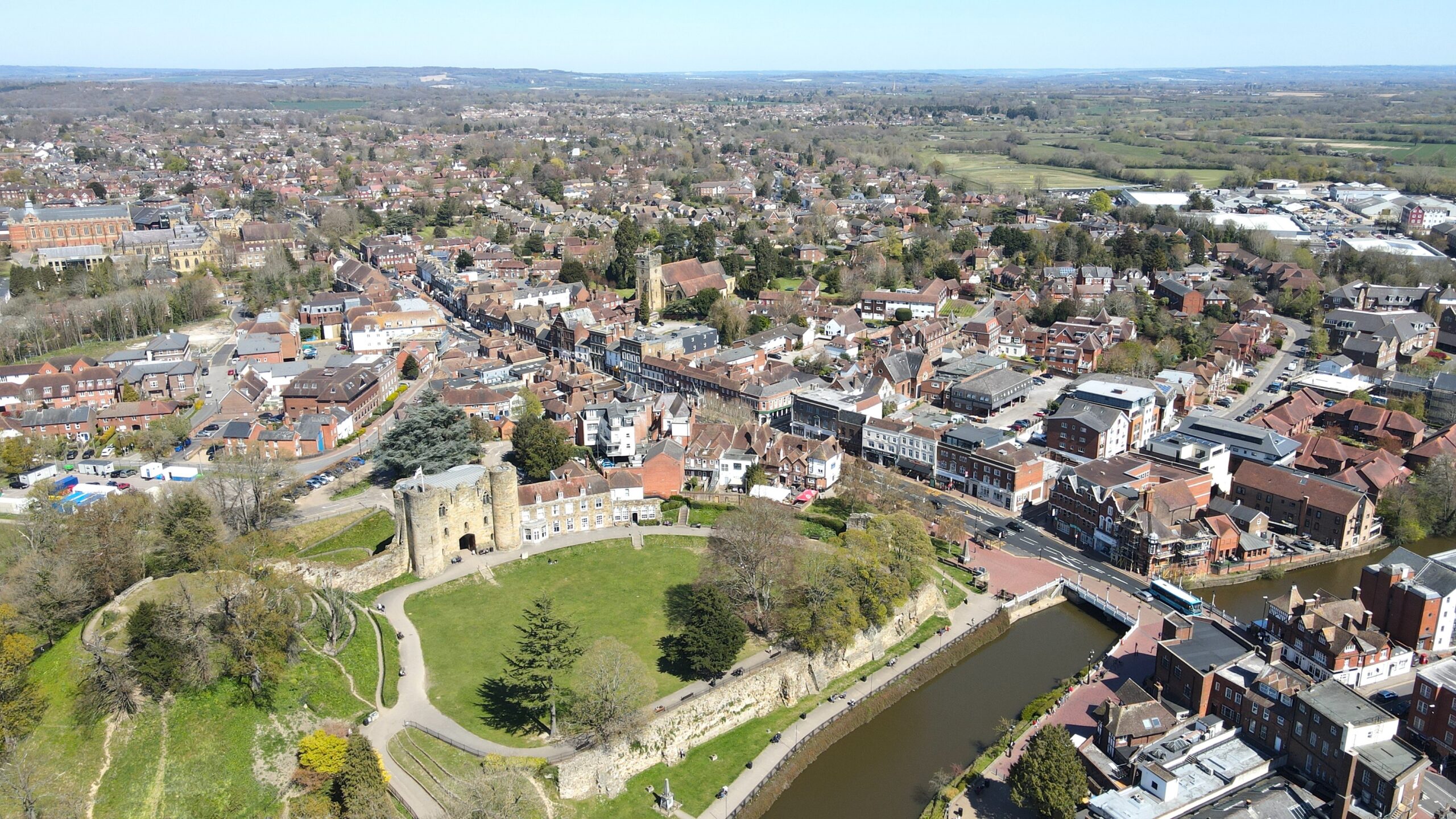 Drone view of Tonbridge town centre and residential property areas in Kent