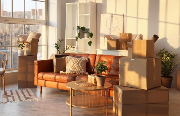 A living room filled with unpacked boxes and scattered furniture, indicating a recent move or reorganization.