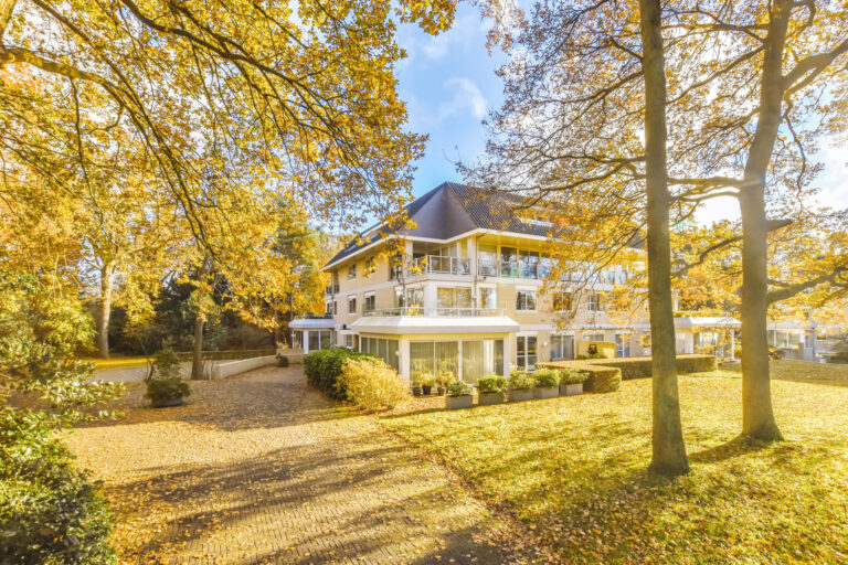 Residential property surrounded by golden autumn trees and fallen leaves, reflecting the autumn property market in Barnet and Enfield.
